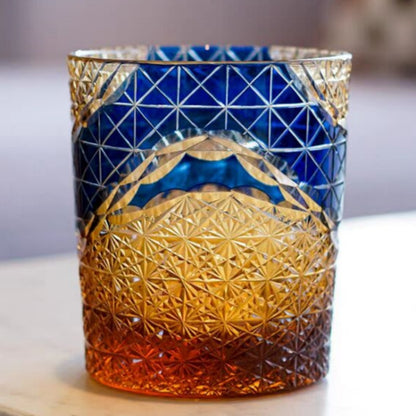 JP-038  250 ml  Japanesque Style Blue and Amber Color Cased Glass Whiskey Tumblers with Hand Engraved Mountain Chrysanthemum Pattern