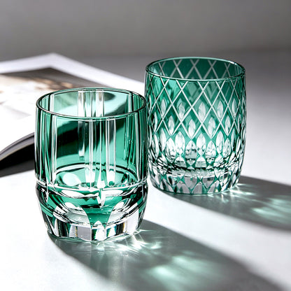 Two‑style emerald green overlay hand‑cut lead‑free glass tumblers, vertical fluted & diamond lattice leaf carving, edo‑kiriko bar drinkware