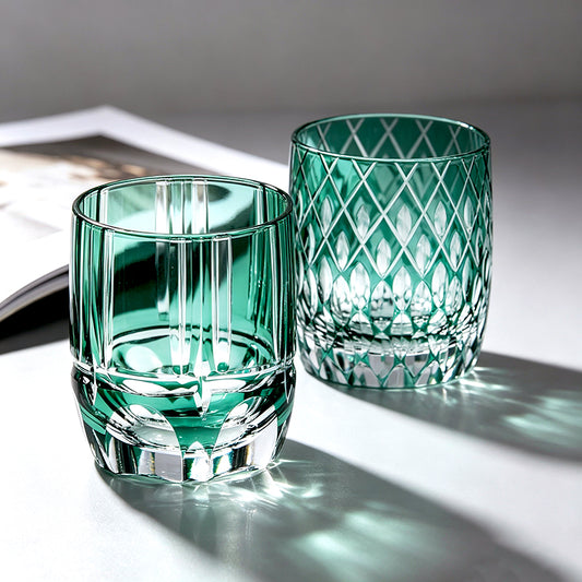 Two‑style emerald green overlay hand‑cut lead‑free glass tumblers, vertical fluted & diamond lattice leaf carving, edo‑kiriko bar drinkware