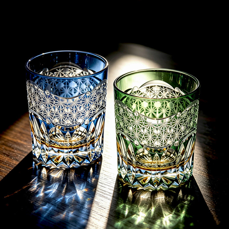 Triple‑Tone Overlay Hand‑Cut Lead‑Free Glass Tumbler Edo‑Kiriko Star Pattern Whiskey Glass