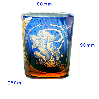 JP-157 250 ml Japanese Style Edo Kiriko Handcrafted Raijin Whisky Glass Tumbler Blue Amber In Gift Box