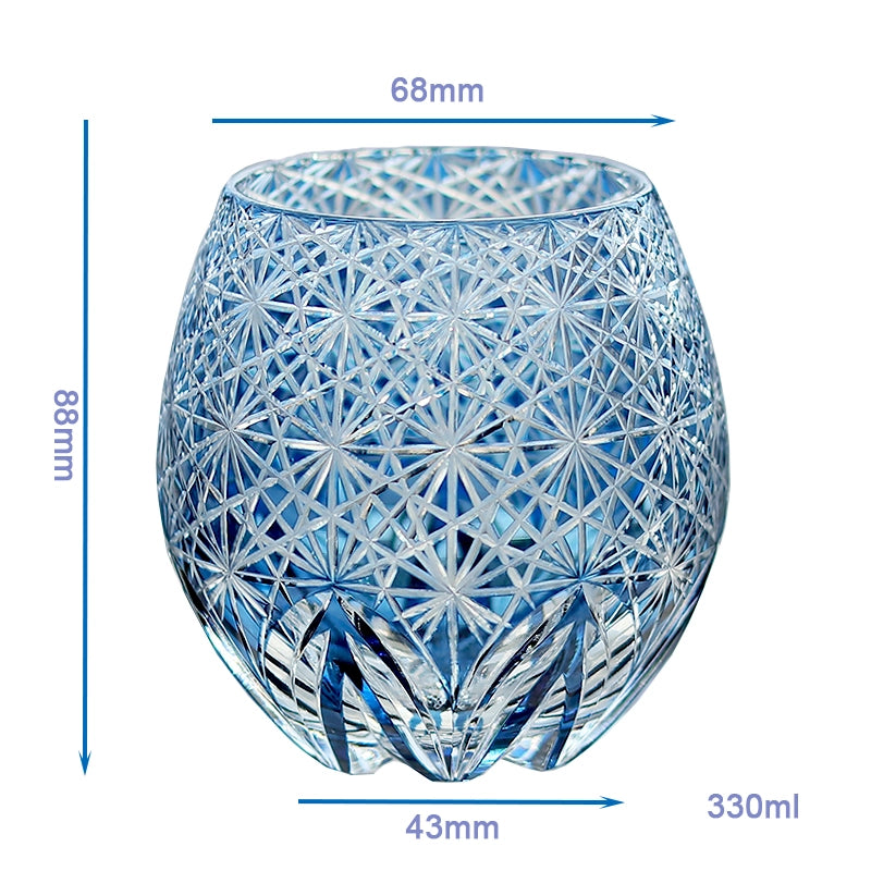 Hand cut crystal whiskey glass with geometric pattern, dimensions 88mm x 68mm, 330ml capacity.