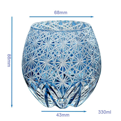 Hand cut crystal whiskey glass with geometric pattern, dimensions 88mm x 68mm, 330ml capacity.