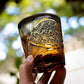 JP-030 250 ml Black and Amber Tinted Glass Whiskey Cup With Hand Cut Classic Chrysanthemum And Fans 2 different Design