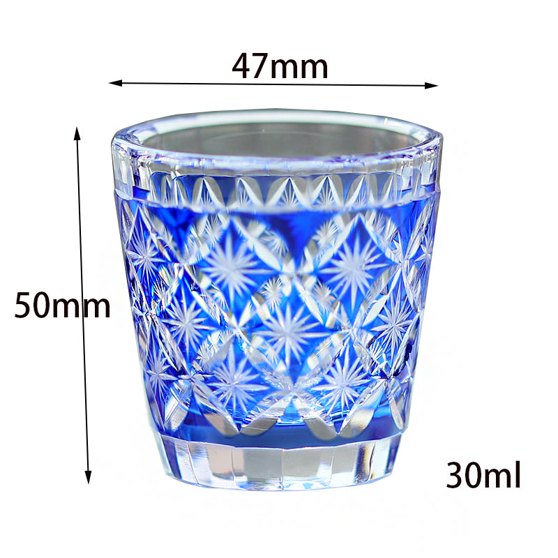 QJ-08  Hand cut to clear dark blue 35ml edo kiriko shot glass sake glass 1 oz min soju glasses vodka, tequila