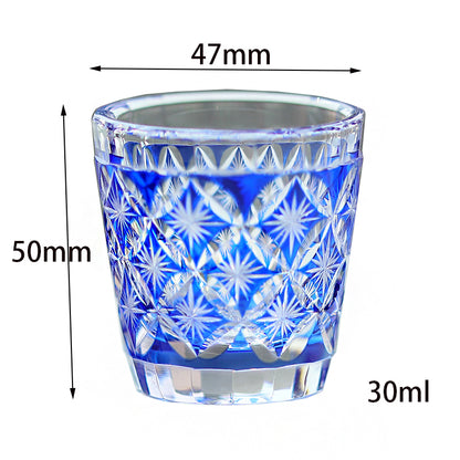 QJ-08  Hand cut to clear dark blue 35ml edo kiriko shot glass sake glass 1 oz min soju glasses vodka, tequila