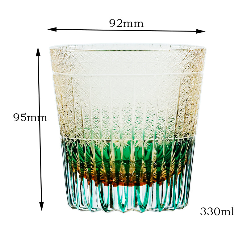 JP-130-3  Handmade 32 cl Green Amber Edo Kiriko Old Fashioned Glass Green Crystal Glass Whiskey Tumbler