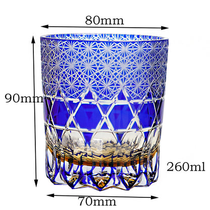 Blue hand cut crystal whiskey glass with geometric pattern, 260ml, 90mm tall, 80mm wide
