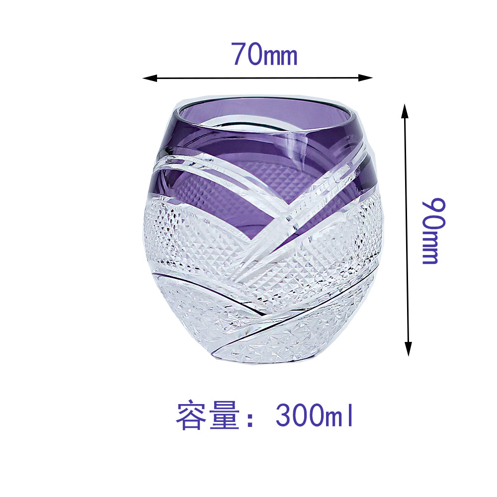 JP-057 300 ml Hand Cut to Clear Purple Water Juice Cup Round Curved Shape Crystal Cocktails Tumbler Purple Colored Crystal Glass Whisky Tumbler