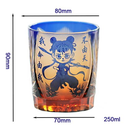 JP-024 Edo Kiriko's Handcrafts Chinese NeZha Whiskey Glass Blue and Amber In Gift Box