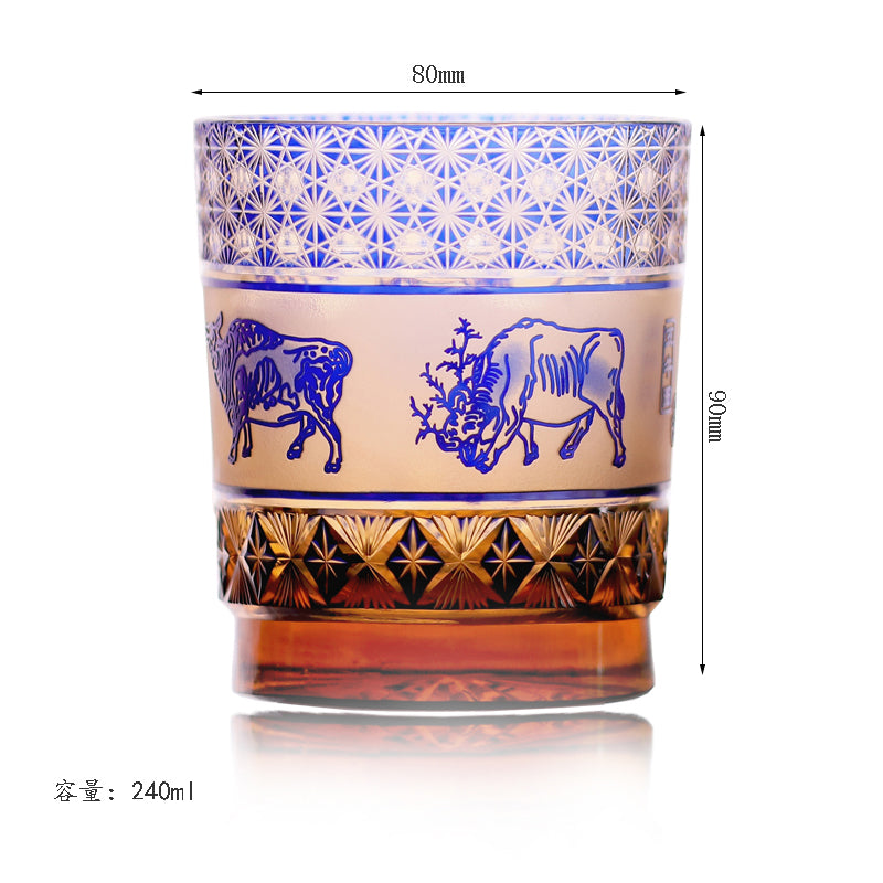 JP-023  240ml  Handcrafts Blue Amber Whiskey Glass With Engraved Chinese Characteristics--painting five cows