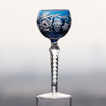 JP-099 Handmade Classic Antique Carved Sunflower Wine Glass Smokey Blue Hock Glass Goblet 240ml