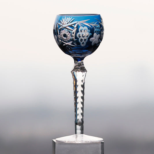 JP-099 Handmade Classic Antique Carved Sunflower Wine Glass Smokey Blue Hock Glass Goblet 240ml