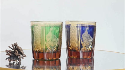 JP-112 8.5oz Edo Kiriko Style Green Cocktail Glass Tumbler Peacock Colored Crystal Glass Whiskey Tumblers