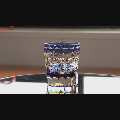 JP-117  240ml Edo Kiriko Kaleidoscope Old Fashioned Glass Tumbler Clear Blue and Amber Cased Crystal Glass Whiskey Tumblers Engraved Balls And Flowers Design