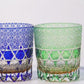 JP-116  240ml Luxury Green Edo Kiriko Old Fashioned Glass Cocktail Cup Clear Green and Amber Cased Crystal Glass Whiskey Tumblers Hand Cutting Garlands of hexagons And Chrysanthemum Mesh