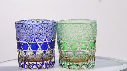 JP-116  240ml Luxury Green Edo Kiriko Old Fashioned Glass Cocktail Cup Clear Green and Amber Cased Crystal Glass Whiskey Tumblers Hand Cutting Garlands of hexagons And Chrysanthemum Mesh