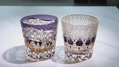 JP-106 32 cl Handcrafts Japanese Style Purple Amber Crystal Glass Whiskey Tumbler Edo Kiriko's Chrysanthemum Mesh And Globular Design With Gift Box