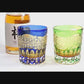 JP-054 240ml New 3kinds color Transparent Green and Amber Cased Crystal Glass Whiskey Tumblers with Hand Carved Chrysanthemum Mesh and globular cuts Design