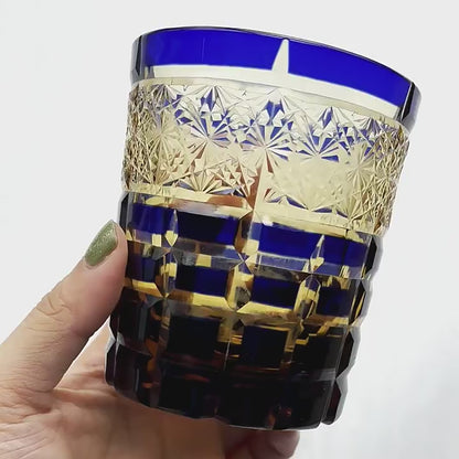 JP-021 Japanese Style Hand Cut To Blue and Amber Tinted Glass Whiskey Tumbler Rocks Glass Tumbler Edo Kiriko's Checked Chrysanthemum Pattern