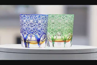JP-048-2  Handcrafts Japanese Style Whiskey Glasses Blue Amber Clear 3 Layer Color Tinted Glass With Edo Kiriko's Chrysanthemum Design In Gift Box