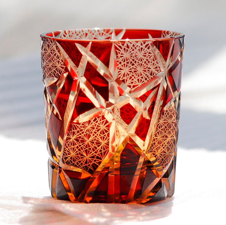 JP-042 240 ml Japannish Edo Kiriko Ruby Red  Amber Tinted  Glass Whiskey Tumbler With Classic Hand Cut Lightning Streaks Pattern
