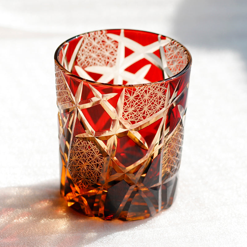 JP-042 240 ml Japannish Edo Kiriko Ruby Red  Amber Tinted  Glass Whiskey Tumbler With Classic Hand Cut Lightning Streaks Pattern