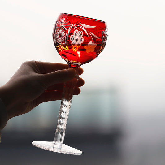 JP-099 240ml Handblown Ruby Red And Hand Cut Wine Glass Goblet Sunflower