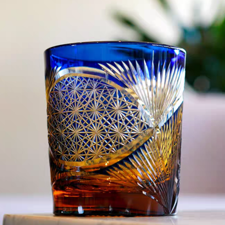 JP-030 250 ml Blue and Amber Tinted Glass Whiskey Cup With Hand Cut Classic Chrysanthemum And Fans 2 different Design