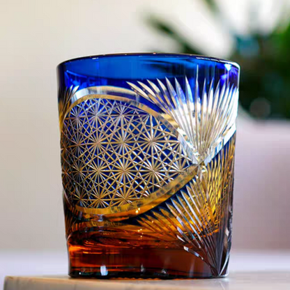 JP-030 250 ml Blue and Amber Tinted Glass Whiskey Cup With Hand Cut Classic Chrysanthemum And Fans 2 different Design