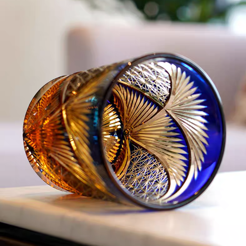 JP-030 250 ml Blue and Amber Tinted Glass Whiskey Cup With Hand Cut Classic Chrysanthemum And Fans 2 different Design