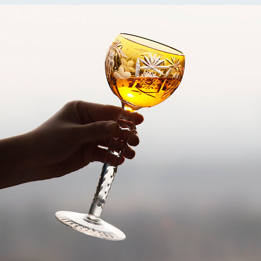 JP-099  8.5oz Handcrafted Bohemia Orange Wine Glass Carved Sunflower and Grapes Deisgn