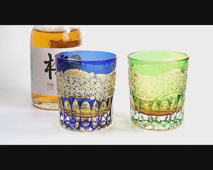 JP-054-New 3kinds color Transparent Blue and Amber Cased Glass Whiskey Tumblers with Hand Carved Mountain and Lotus Design