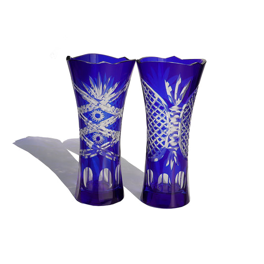 Middle size Height:175mm Hand engraved and blue colored glass flower vase with hand carved sunflower and butterfly design