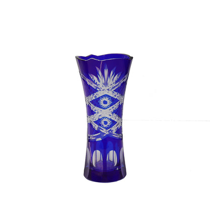 Middle size Height:175mm Hand engraved and blue colored glass flower vase with hand carved sunflower and butterfly design