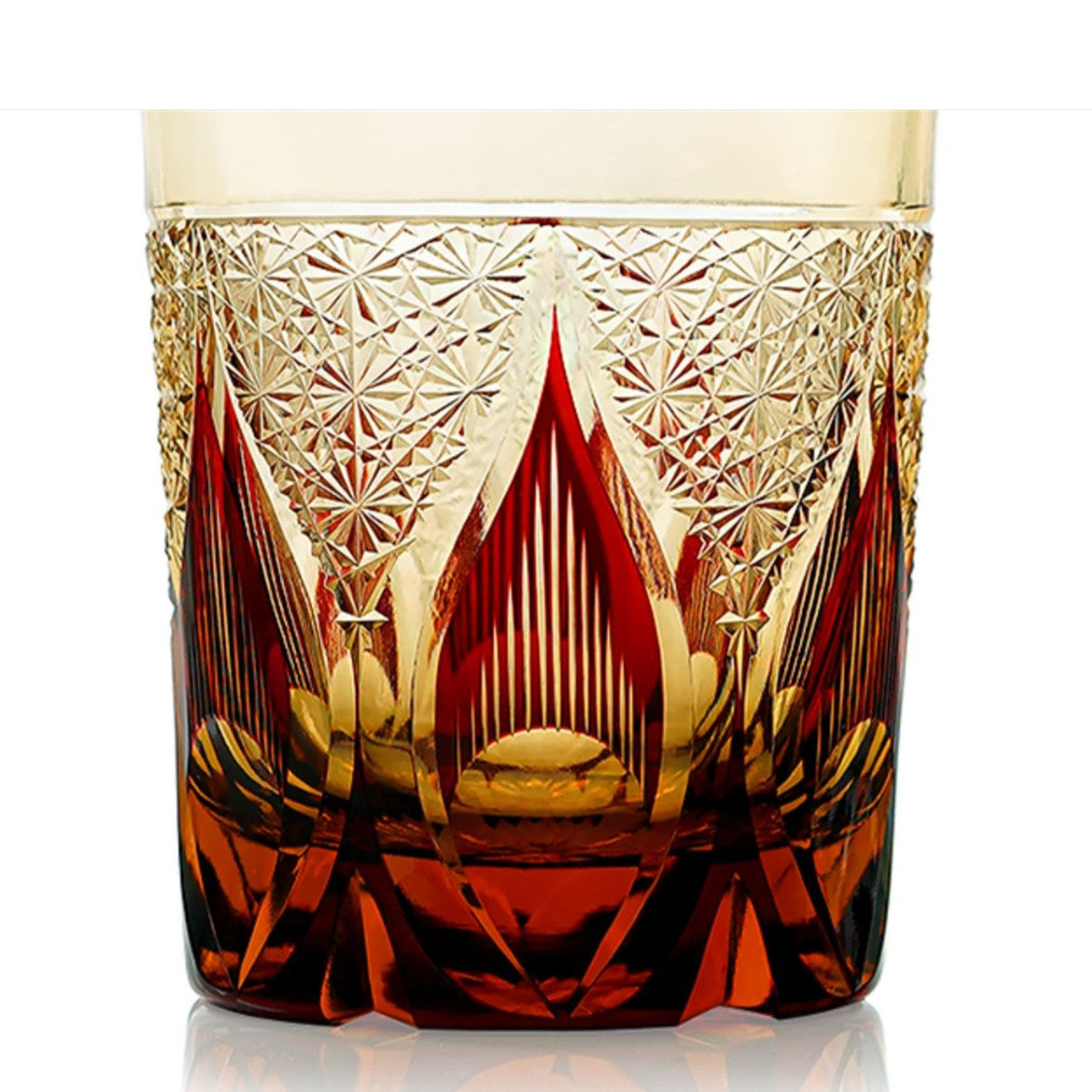 JP-020 25 CL Ruby Red and Amber Overlaid Glass Whiskey Tumbler With Hand Engraved candle flame Design