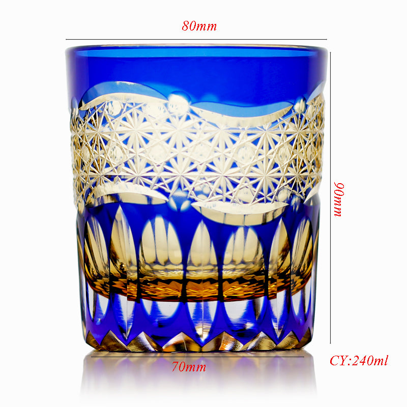 JP-054-New 3kinds color Transparent Blue and Amber Cased Glass Whiskey Tumblers with Hand Carved Mountain and Lotus Design