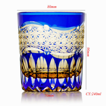 JP-054-New 3kinds color Transparent Blue and Amber Cased Glass Whiskey Tumblers with Hand Carved Mountain and Lotus Design