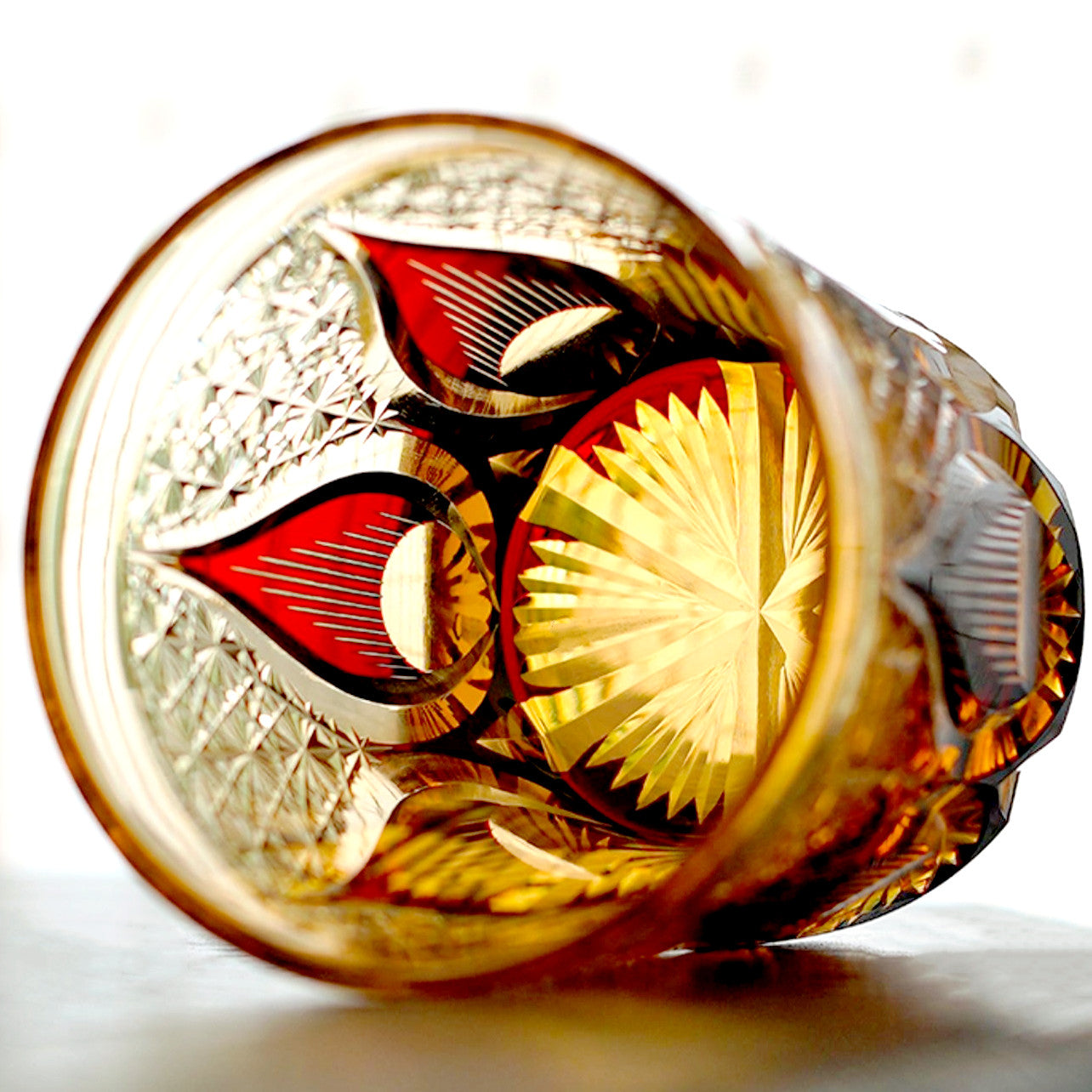 JP-020 25 CL Ruby Red and Amber Overlaid Glass Whiskey Tumbler With Hand Engraved candle flame Design