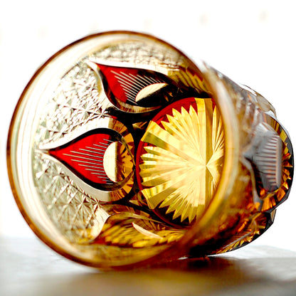 JP-020 25 CL Ruby Red and Amber Overlaid Glass Whiskey Tumbler With Hand Engraved candle flame Design