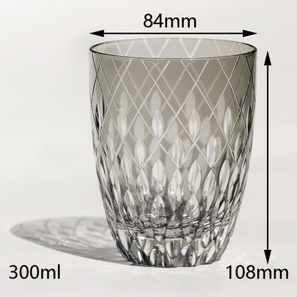 JP-062 30 cl Mouthblown Smokey Grey Highball Glass Tumblers With Hand Cut To Clear Cross & Raindrop Design