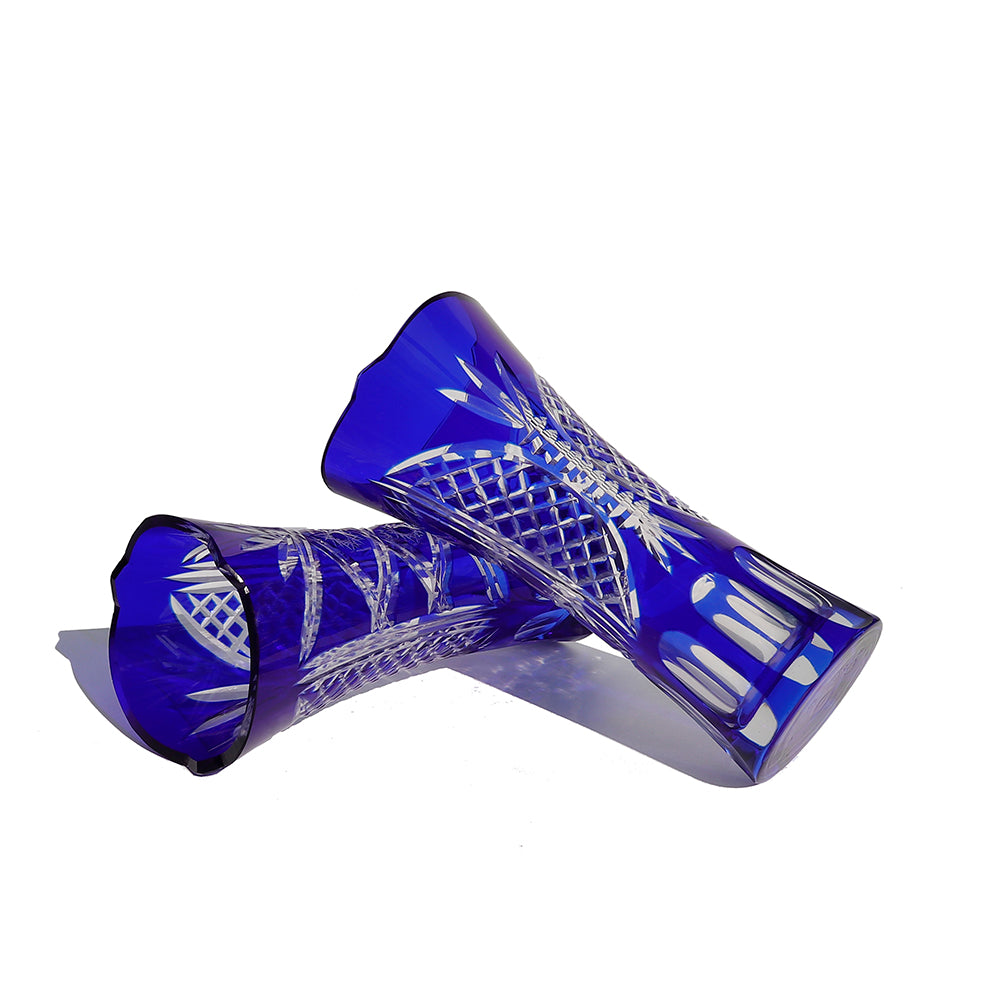 Middle size Height:175mm Hand engraved and blue colored glass flower vase with hand carved sunflower and butterfly design