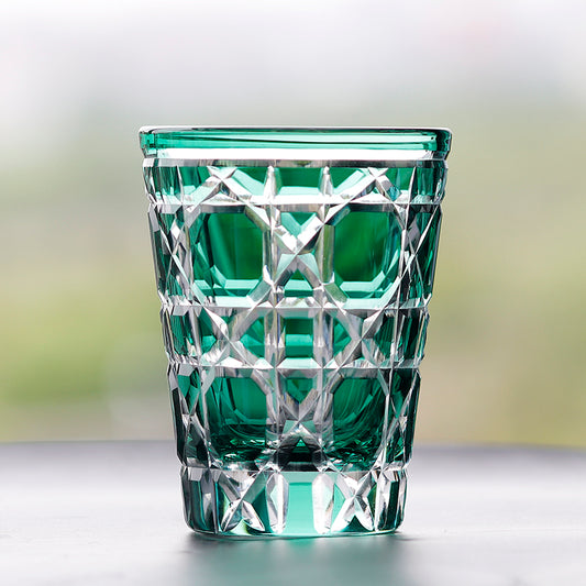 JP-045 Green and Transparent Color overlaid Crystal Glass Highball Glass Tumblers---Hand engraved big diamond Patterns