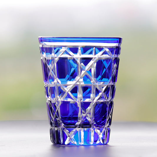 JP-045 Blue and Clear overlaid Crystal Glass Highball Glass Tumblers---Hand engraved big diamond Patterns