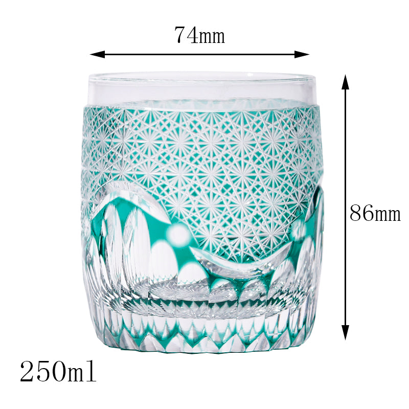 JP-059 250ml Roundish Japanese Style Hand cut and green cased glass whiskey tumblers Edo Kiriko's corydalis design