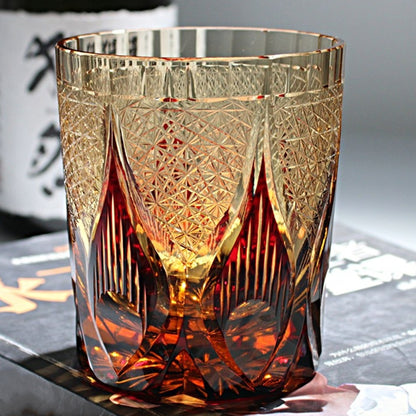 JP-020 25 CL Ruby Red and Amber Overlaid Glass Whiskey Tumbler With Hand Engraved candle flame Design
