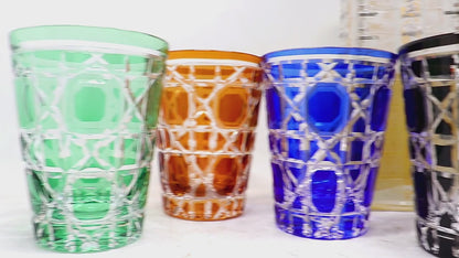 JP-045 Blue and Clear overlaid Crystal Glass Highball Glass Tumblers---Hand engraved big diamond Patterns