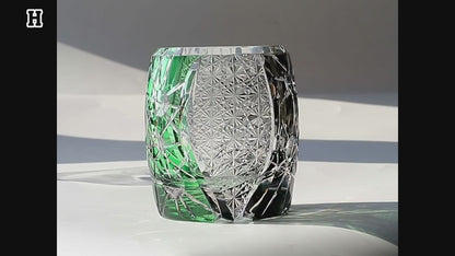 JP-077 Green Black Edo Kiriko Style Whiskey Glass Tumblers Adorned With Hand Carved Chrysanthemum Mesh and Balls