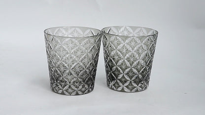 JP-051 32 cl Mouth Blown Smokey Grey Color Tinted Glass Water Whiskey Glass Tumblers---Hand engraved cross and stars