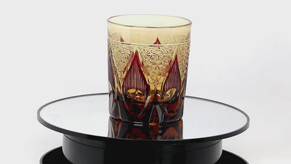 JP-020 25 CL Ruby Red and Amber Overlaid Glass Whiskey Tumbler With Hand Engraved candle flame Design